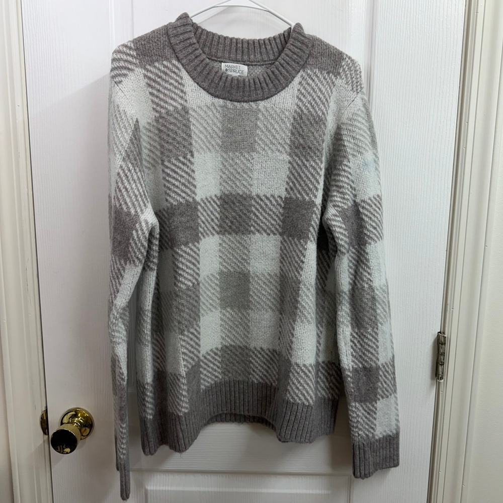 Market & Spruce gray checkered plaid soft knit crewneck long sleeve sweater XL
